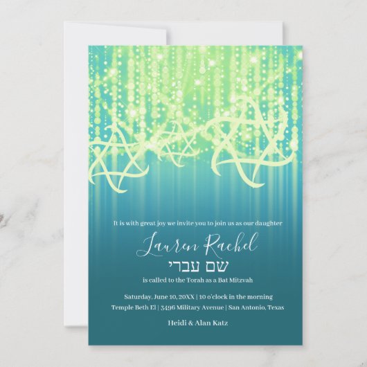 Bat Mitzvah Blauwgroen Blue Lime Green Sparkly Lig Kaart (Voorkant)