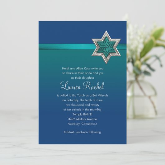 Bat Mitzvah Blauwgroen Blue Ombre Ribbon en Star Kaart (Staand voorkant)