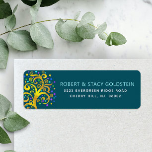Bat Mitzvah Blauwgroen Gold Tree of Life Retouradr Etiket