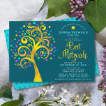 Bat Mitzvah Blauwgroen Gouden Folie Script Tree of Kaart<br><div class="desc">Wees trots, verheug je en laat deze mijlpaal van je favoriete Bat Mitzvah zien! Deze graphic faux gouden folie met fonkelende turkoois, blauwgroen, paarsste blauwgroen en blauwe davidster en stip "bladeren" op een rijke, donkerblauwe achtergrond is de ideale uitvinding voor deze speciale gelegenheid. Een piepklein, blauwgroen blauw davidster-motief dat turquoise...</div>