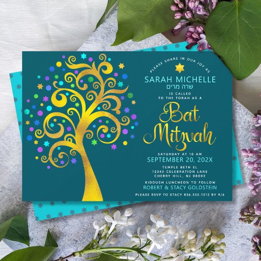 Bat Mitzvah Blauwgroen Gouden Folie Script Tree of Kaart
