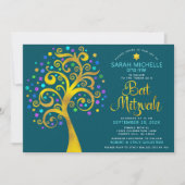 Bat Mitzvah Blauwgroen Gouden Folie Script Tree of Kaart (Voorkant)