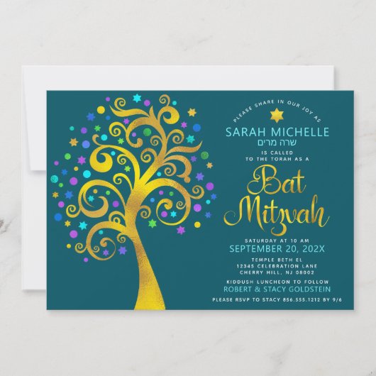 Bat Mitzvah Blauwgroen Gouden Folie Script Tree of Kaart (Voorkant)