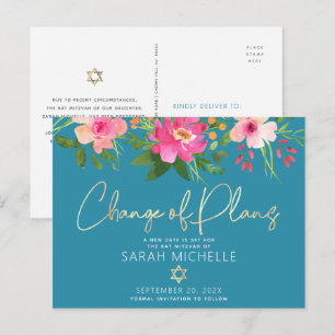 Bat Mitzvah Bloemen Aquarel Gouden Schrift Blauw Uitnodiging Briefkaart