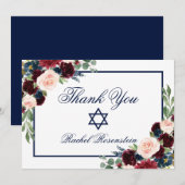 Bat Mitzvah Bloemen Blauw Bourgogne Bedankkaart (Voorkant / Achterkant)