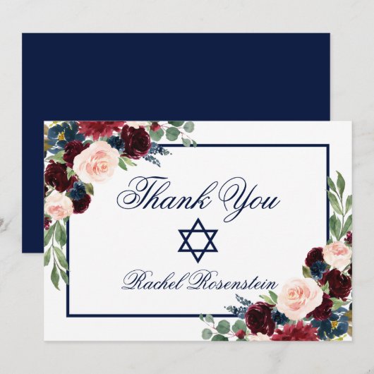 Bat Mitzvah Bloemen Blauw Bourgogne Bedankkaart (Voorkant / Achterkant)