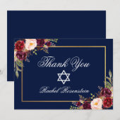 Bat Mitzvah Bloemen Bourgogne Goud Bedankkaart (Voorkant / Achterkant)