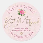 Bat Mitzvah Bloemen Roze Waterverf Goud Script Ronde Sticker (Voorkant)