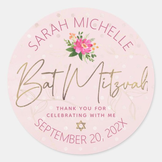 Bat Mitzvah Bloemen Roze Waterverf Goud Script Ronde Sticker (Voorkant)