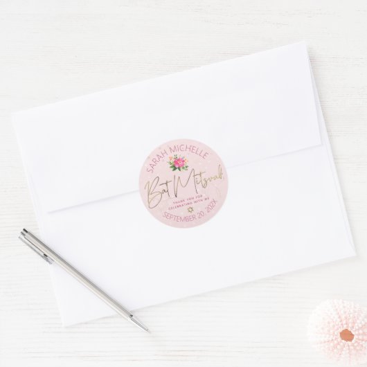 Bat Mitzvah Bloemen Roze Waterverf Goud Script Ronde Sticker (Envelop)