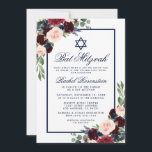 Bat Mitzvah Blue Burgundy Floral Invitation Kaart<br><div class="desc">Bat Mitzvah Waterverf Burgundy Marsala Blue Floral Invitation Kaart</div>