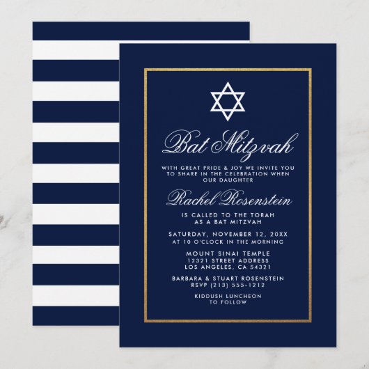 Bat Mitzvah Blue en White Stripes Gold Kaart (Voorkant / Achterkant)
