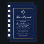 Bat Mitzvah Blue en White Stripes Gold Kaart<br><div class="desc">Bat Mitzvah Blue en Gold Invitation Kaart - Striped Back</div>