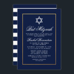 Bat Mitzvah Blue en White Stripes Gold Kaart<br><div class="desc">Bat Mitzvah Blue en Gold Invitation Kaart - Striped Back</div>