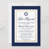 Bat Mitzvah Blue en White Stripes Invitation Gold Kaart (Voorkant)