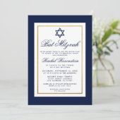 Bat Mitzvah Blue en White Stripes Invitation Gold Kaart (Staand voorkant)