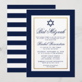 Bat Mitzvah Blue en White Stripes Invitation Gold Kaart (Voorkant / Achterkant)