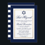 Bat Mitzvah Blue en White Stripes Invitation Gold Kaart<br><div class="desc">Bat Mitzvah Blue en Gold Invitation Kaart - Striped back</div>