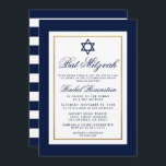 Bat Mitzvah Blue en White Stripes Invitation Gold Kaart<br><div class="desc">Bat Mitzvah Blue en Gold Invitation Kaart - Striped back</div>