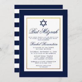 Bat Mitzvah Blue en White Stripes Invitation Gold Kaart