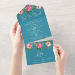 Bat Mitzvah Blue Gold Script Floral Waterverf All In One Uitnodiging<br><div class="desc">Wees trots, verheug je en laat deze mijlpaal van je favoriete Bat Mitzvah zien! Stuur deze prachtige, moderne, aangepaste all-in-one uitnodiging voor een evenement om te onthouden. Een chique, prachtige, roze en perzik bloemige waterverf met faux gouden folie script typografie en moderne witte sans serif type overlay een stoffige turquoise...</div>