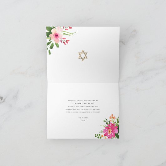 Bat Mitzvah Blue Gold Script Floral Waterverf Bedankkaart (Binnen)