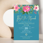 Bat Mitzvah Blue Gold Script Floral Waterverf Kaart<br><div class="desc">Wees trots, verheug je en laat deze mijlpaal van je favoriete Bat Mitzvah zien met deze verfijnde, gepersonaliseerde uitnodiging! Een chique, prachtige, roze en perzik bloemige waterverf met faux gouden folie script typografie en moderne witte sans serif type overlay een stoffige turquoise blauwgroen blauwe achtergrond. Personaliseer de aangepaste tekst met...</div>