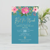 Bat Mitzvah Blue Gold Script Floral Waterverf Kaart (Staand voorkant)