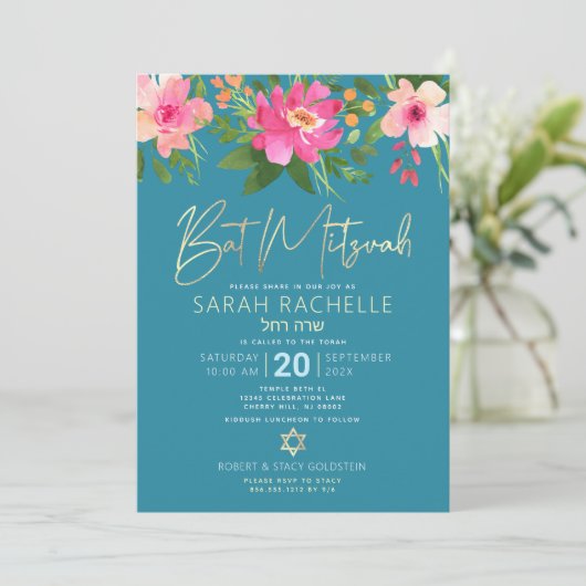 Bat Mitzvah Blue Gold Script Floral Waterverf Kaart (Staand voorkant)