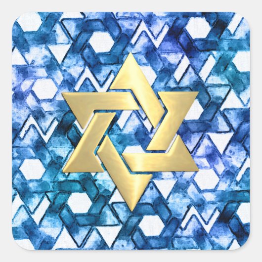 Bat Mitzvah Blue Medley Waterverf Star Damask Vierkante Sticker (Voorkant)