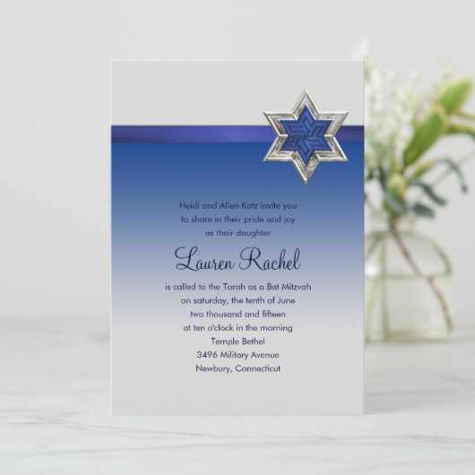 Bat Mitzvah Blue Ombre Ribbon en Star Kaart (Staand voorkant)