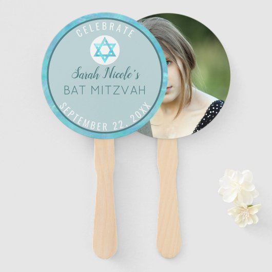Bat Mitzvah Blue Opal Chic Waterverf Foto Handwaaier (Voorkant en achterkant)