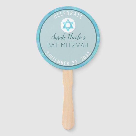 Bat Mitzvah Blue Opal Chic Waterverf Foto Handwaaier (Voorkant)