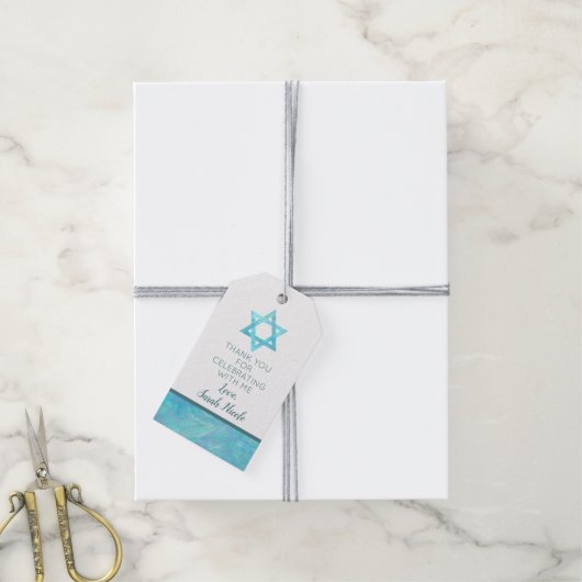 Bat Mitzvah Blue Opal Magen David Bedankt Cadeaulabel (Met Touw)