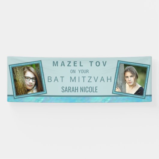 Bat Mitzvah Blue Opal Mazel Tov Voeg uw foto toe Spandoek (Horizontaal)