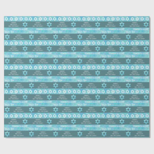 Bat Mitzvah Blue Opal Stylish Stripe Pattern Cadeaupapier (Vlak)