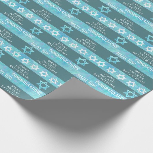 Bat Mitzvah Blue Opal Stylish Stripe Pattern Cadeaupapier (Hoek)
