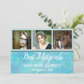 Bat Mitzvah Blue Opal Waterverf Fotocollage Kaart (Staand voorkant)