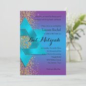 Bat Mitzvah Blue Paars Ombre Faux Gold Glitter Kaart (Staand voorkant)