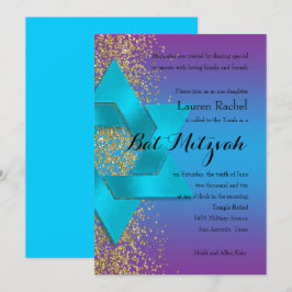 Bat Mitzvah Blue Paars Ombre Faux Gold Glitter Kaart
