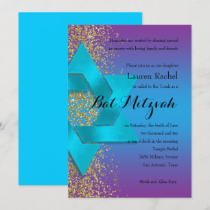 Bat Mitzvah Blue Paars Ombre Faux Gold Glitter Kaart