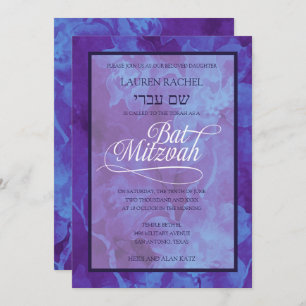 Bat Mitzvah Blue Paarse Waterverf Flowers Kaart