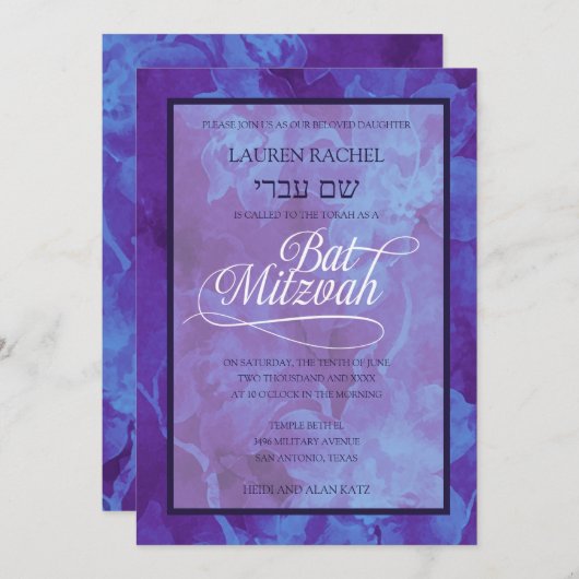 Bat Mitzvah Blue Paarse Waterverf Flowers Kaart (Voorkant / Achterkant)