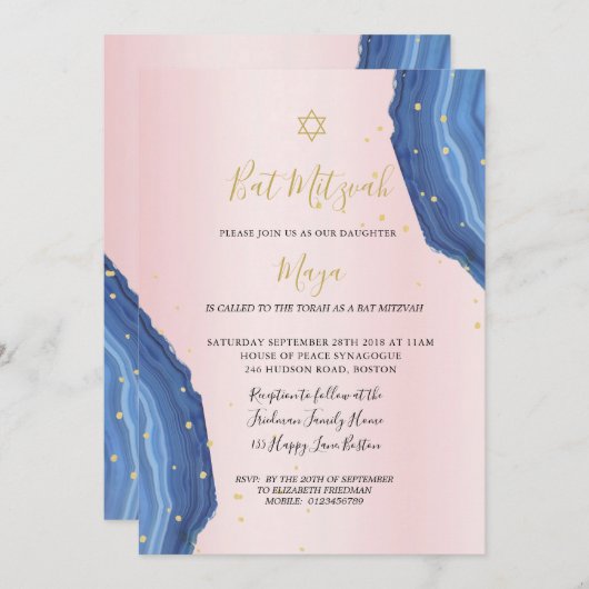 Bat Mitzvah Blue Pink Gold Jewish Kaart (Voorkant / Achterkant)