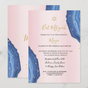 Bat Mitzvah Blue Pink Gold Jewish Kaart