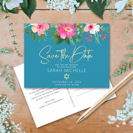 Bat Mitzvah Blue Save the Date Floral Waterverf Uitnodiging Briefkaart