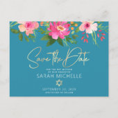 Bat Mitzvah Blue Save the Date Floral Waterverf Uitnodiging Briefkaart (Voorkant)