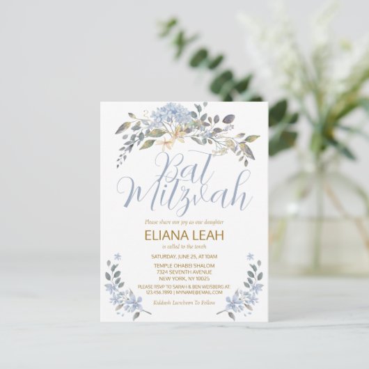 Bat Mitzvah Blue Waterverf Bloemen Briefkaart (Staand voorkant)
