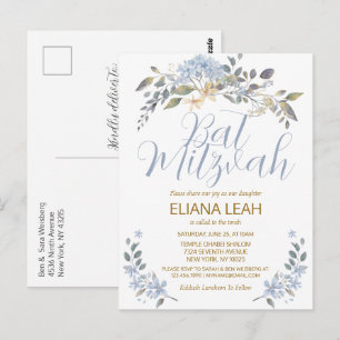 Bat Mitzvah Blue Waterverf Bloemen Briefkaart