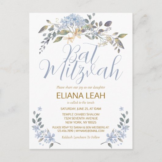 Bat Mitzvah Blue Waterverf Bloemen Briefkaart (Voorkant)